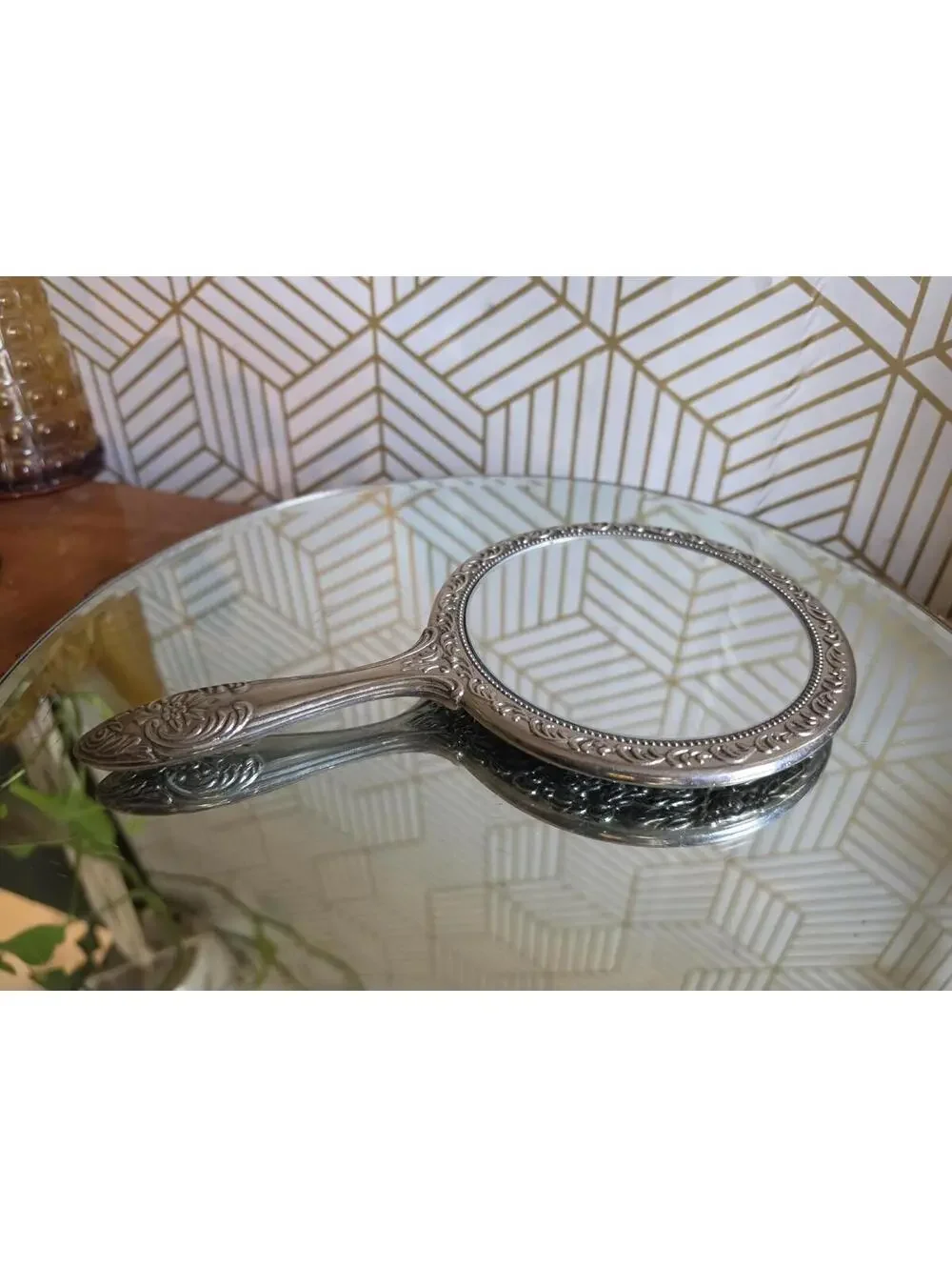 Vintage International Silver Company Victorian Hand Held Silver Plated Mirror